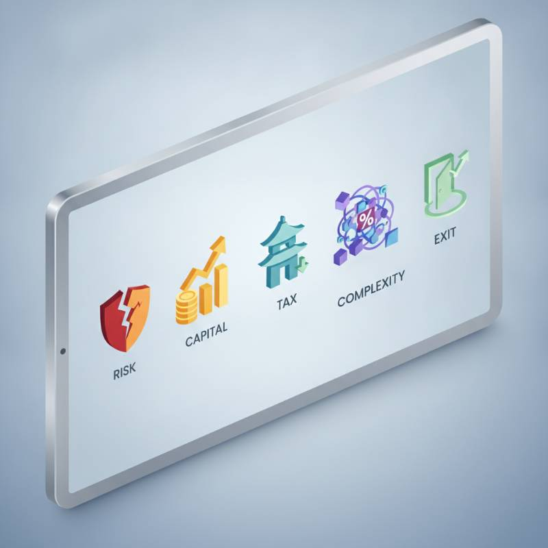 Clean infographic showing 5 icons for risk, capital, tax, complexity, and exit