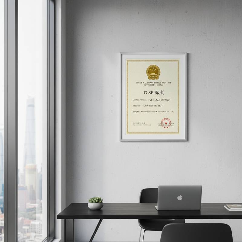 A professional TCSP license certificate displayed on a modern office wall