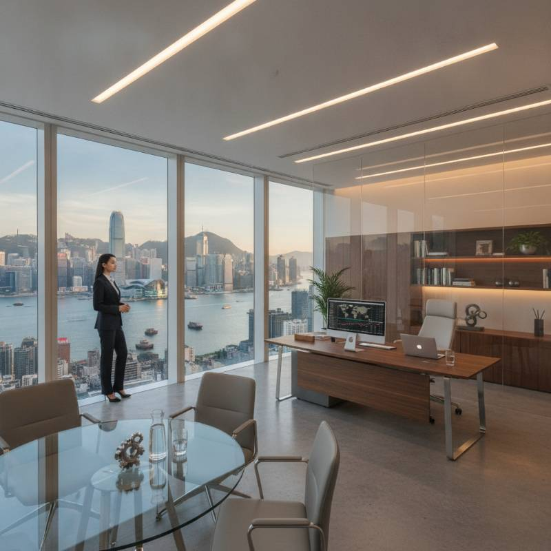 A sleek modern office in Hong Kong with a view of Victoria Harbour, representing global business ownership.