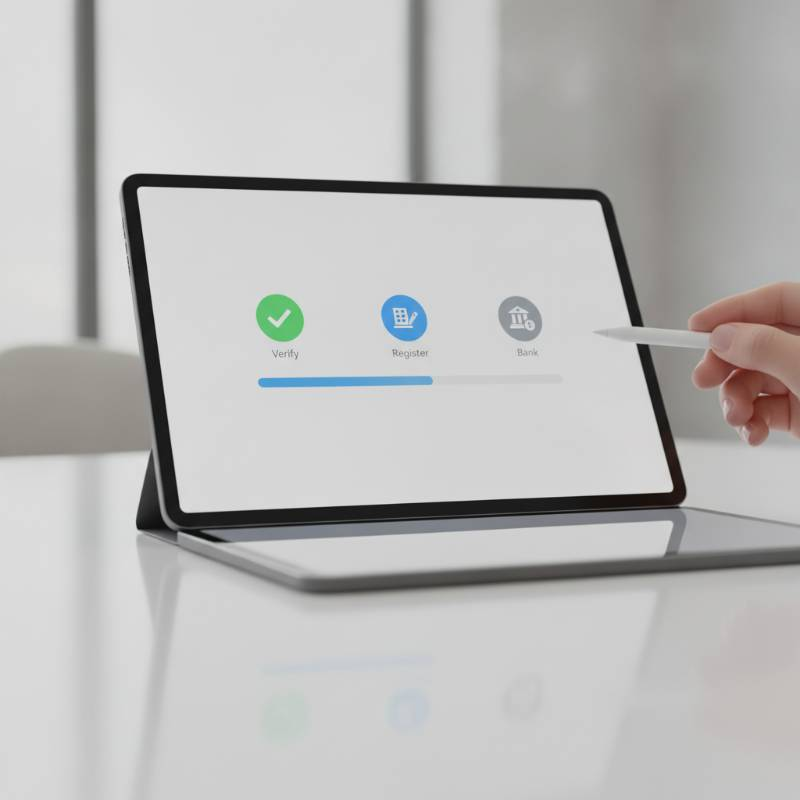 A digital tablet showing a progress bar for company registration with icons for 'Verify', 'Register', and 'Bank'.