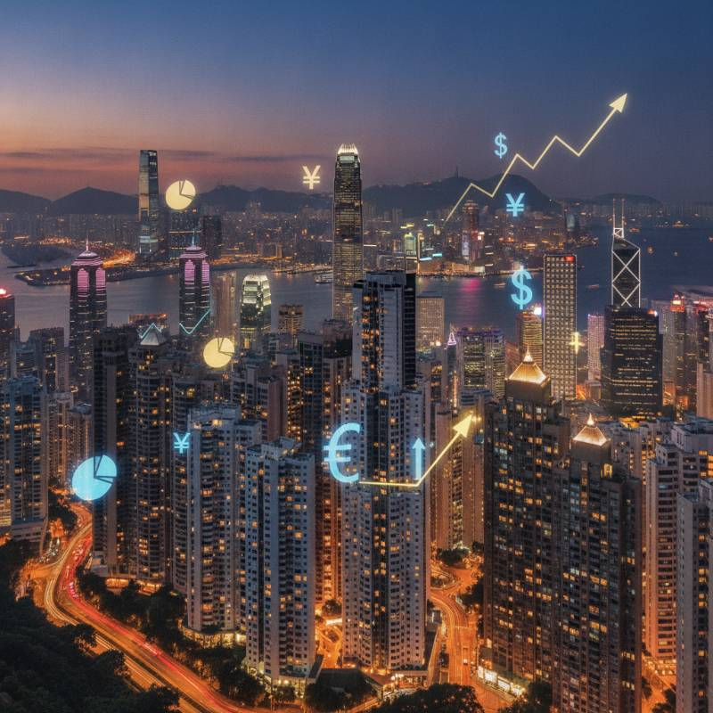 Modern Hong Kong skyline with financial district buildings and tax symbols