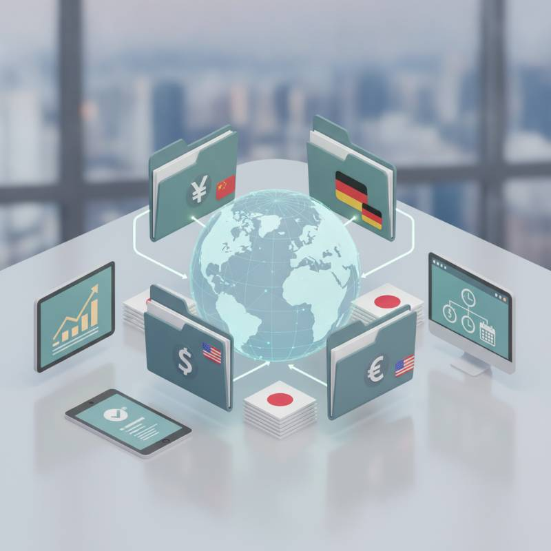 Infographic showing global tax compliance and document folders