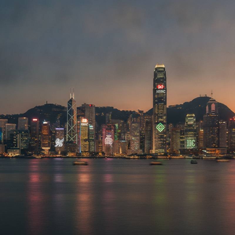 Modern Hong Kong skyline with banking logos