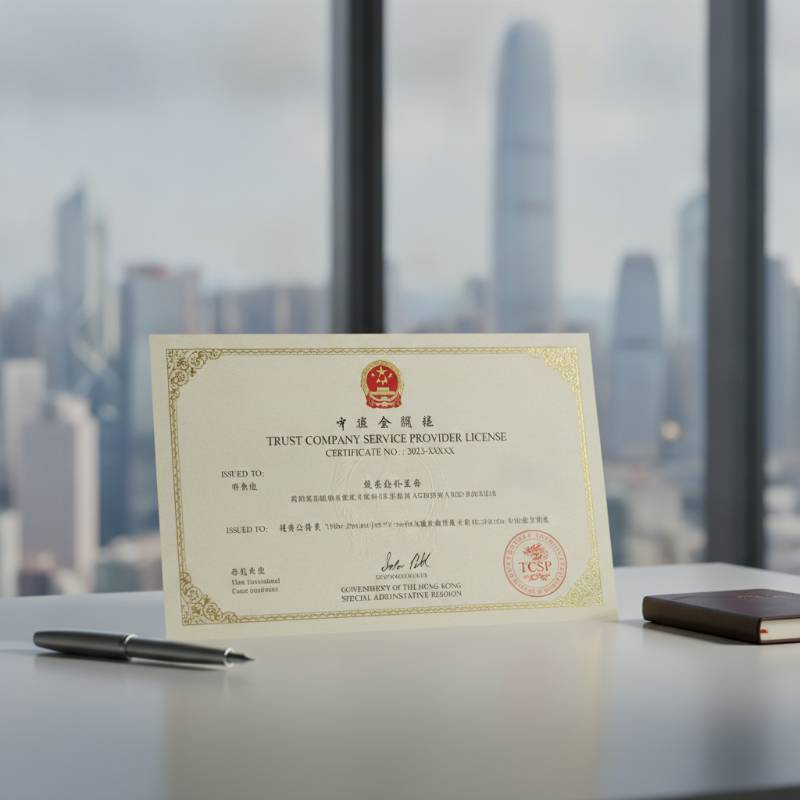 Official TCSP license certificate close up