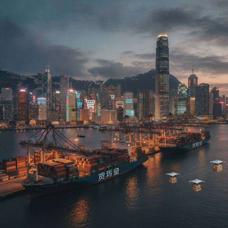 Hong Kong skyline and cargo ship e-commerce