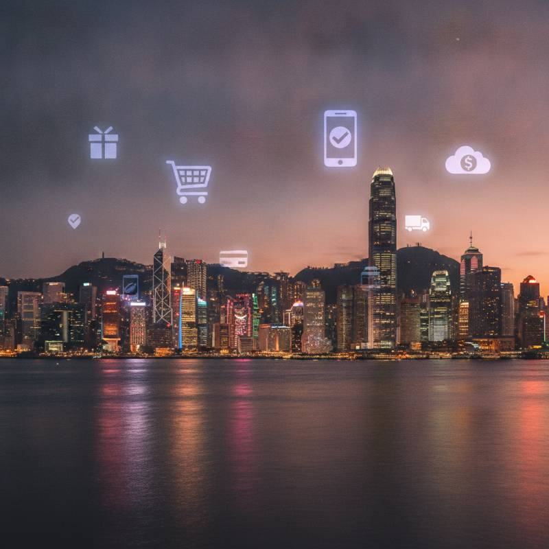 Modern Hong Kong skyline with e-commerce icons