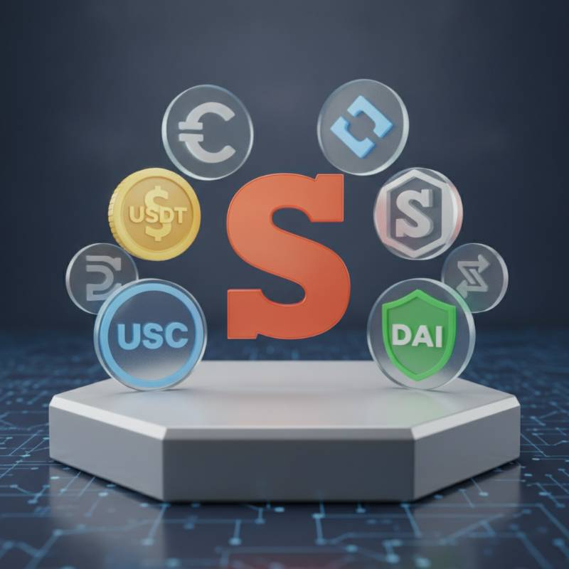Digital payment icons including Stripe and stablecoins
