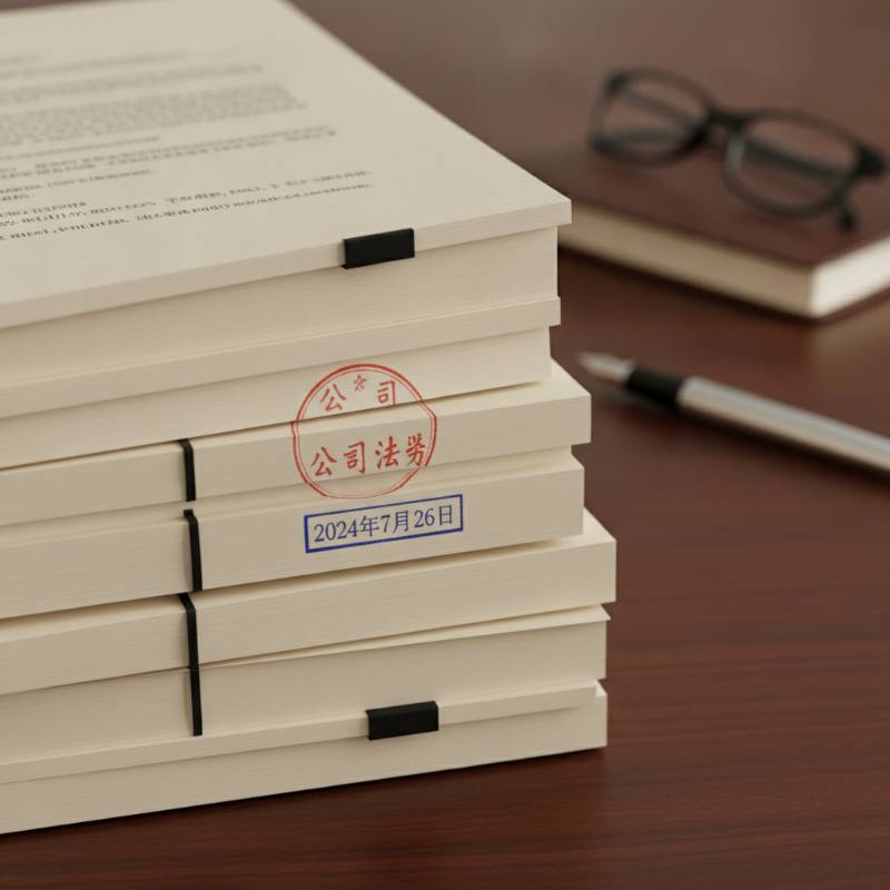 Stack of corporate legal documents with a stamp