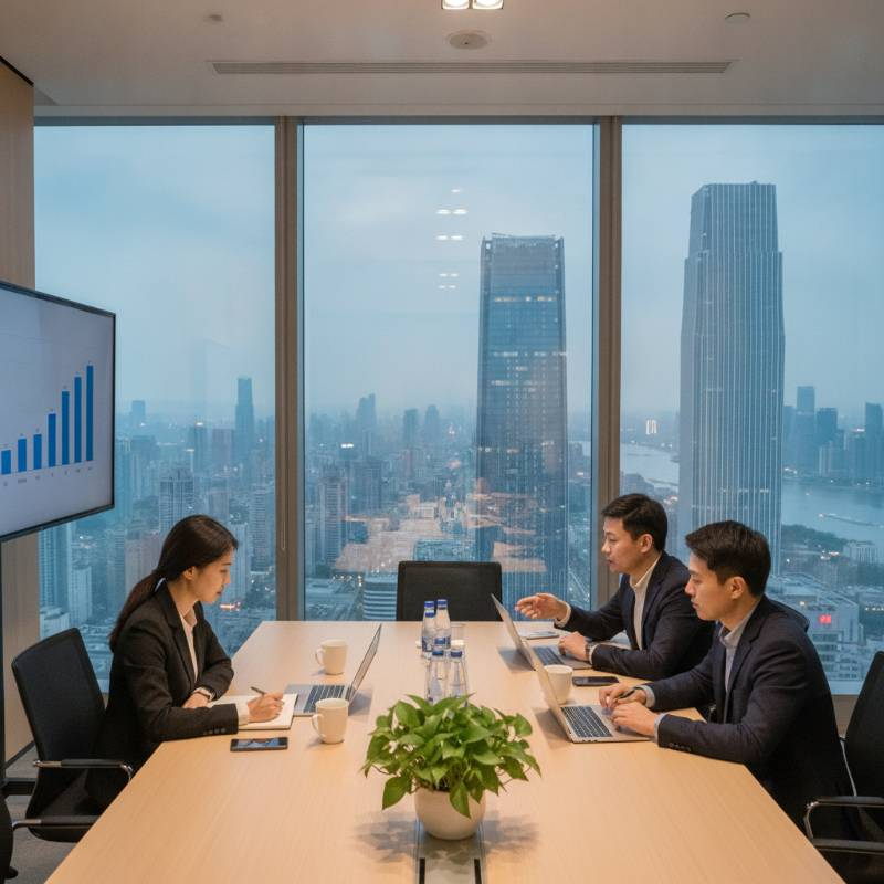 Modern office meeting with laptop and city view