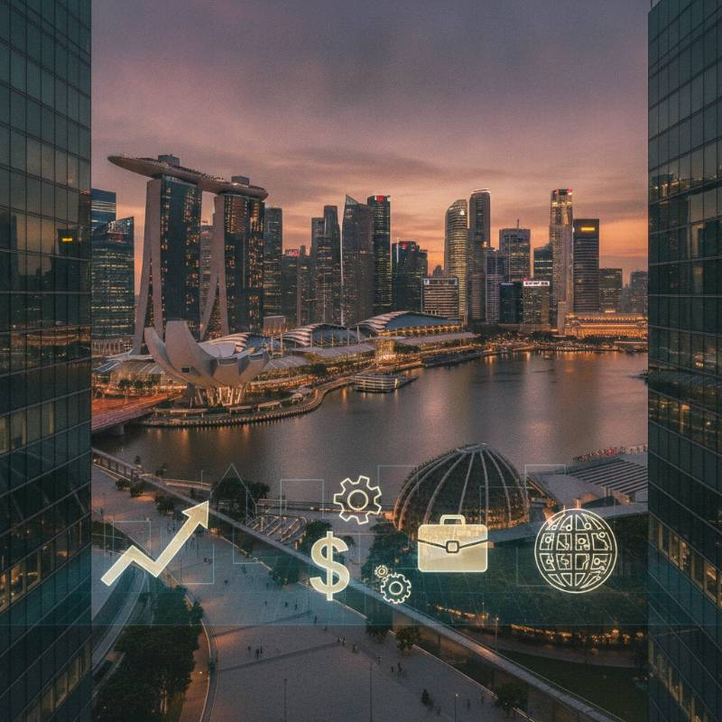 Modern Singapore skyline with business icons