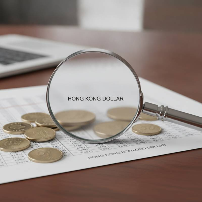 Financial document with Hong Kong dollar coins and a magnifying glass