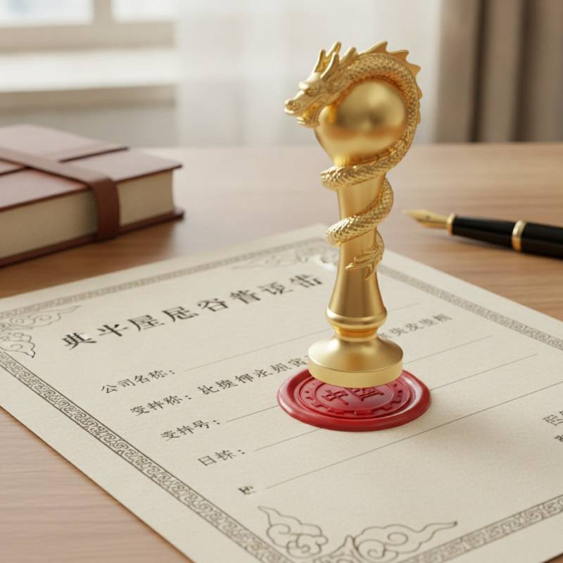 A golden stamp pressing a seal on a certificate of registration