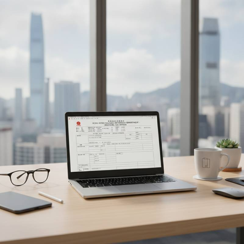 Professional office setting with a HK tax form on a laptop screen