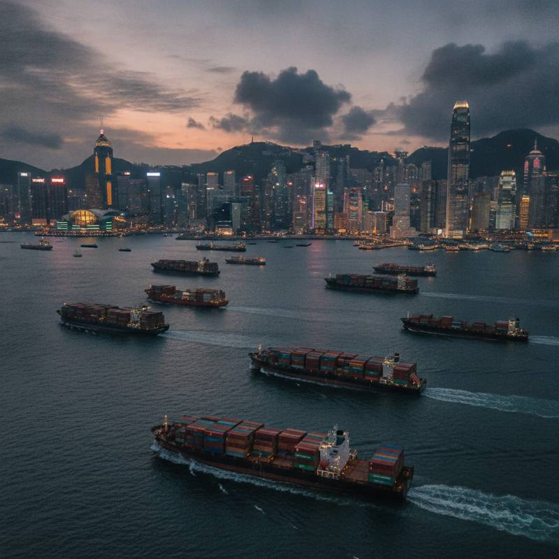 Hong Kong skyline with cargo ships representing international trade