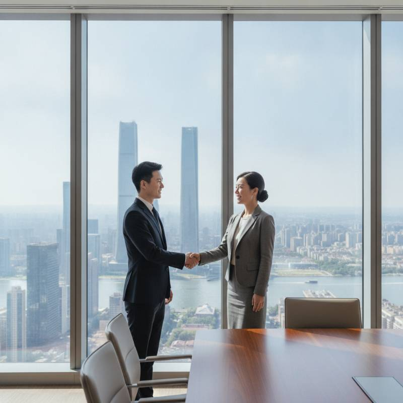 Professional business person shaking hands in a high-rise office