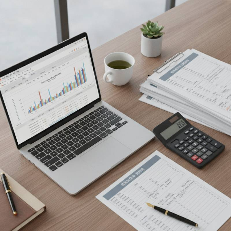 A professional office desk with a laptop, a calculator, and neatly organized financial documents