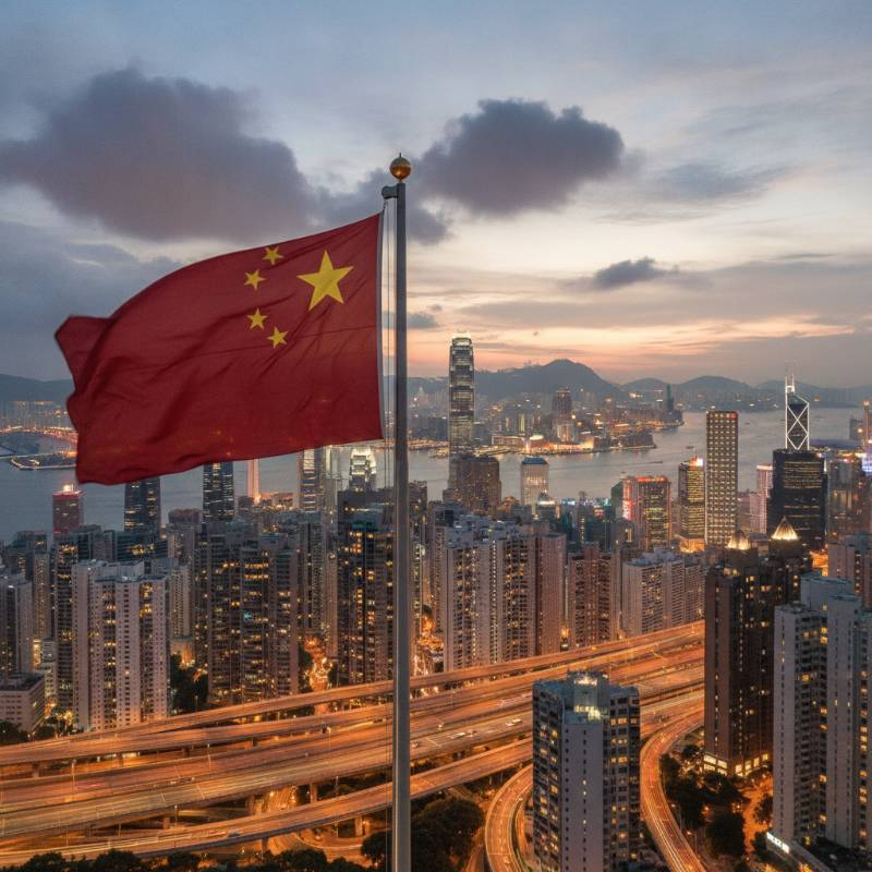 Hong Kong skyline and China flag