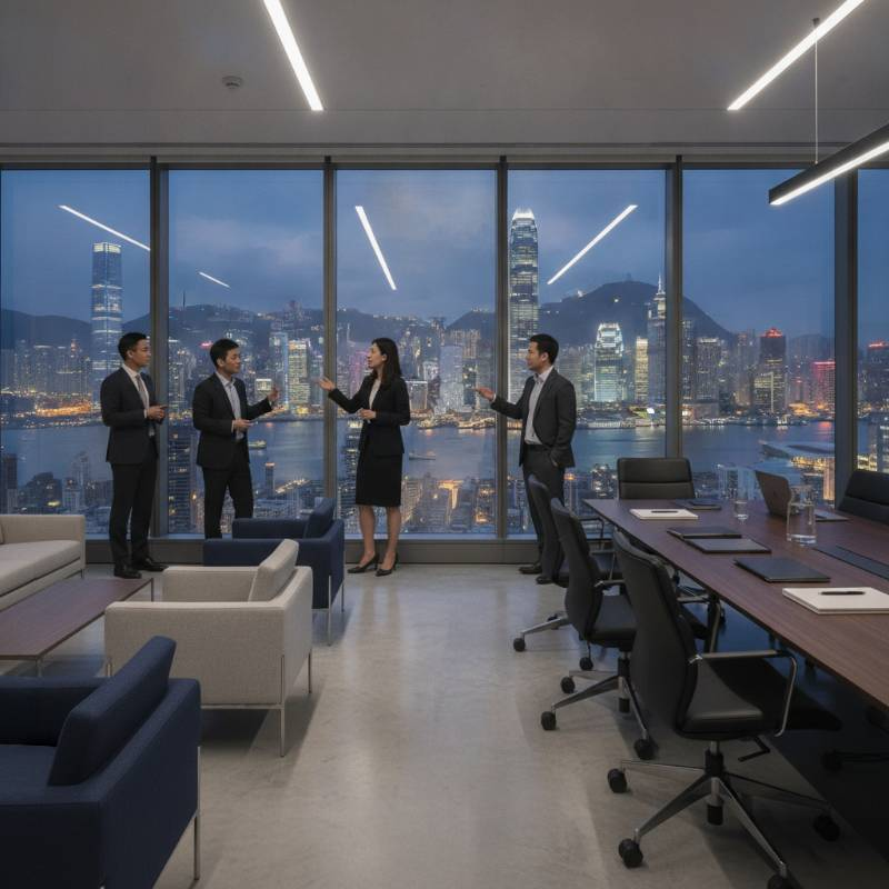 Professional Hong Kong skyline with corporate office interior