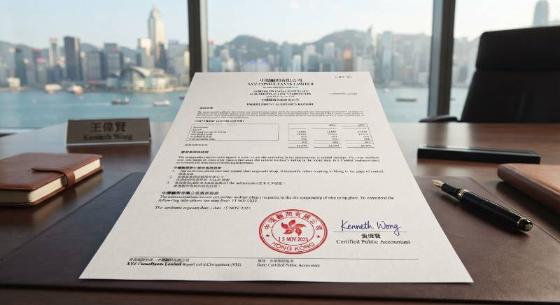 Official document with a red Hong Kong corporate chop and auditor signature