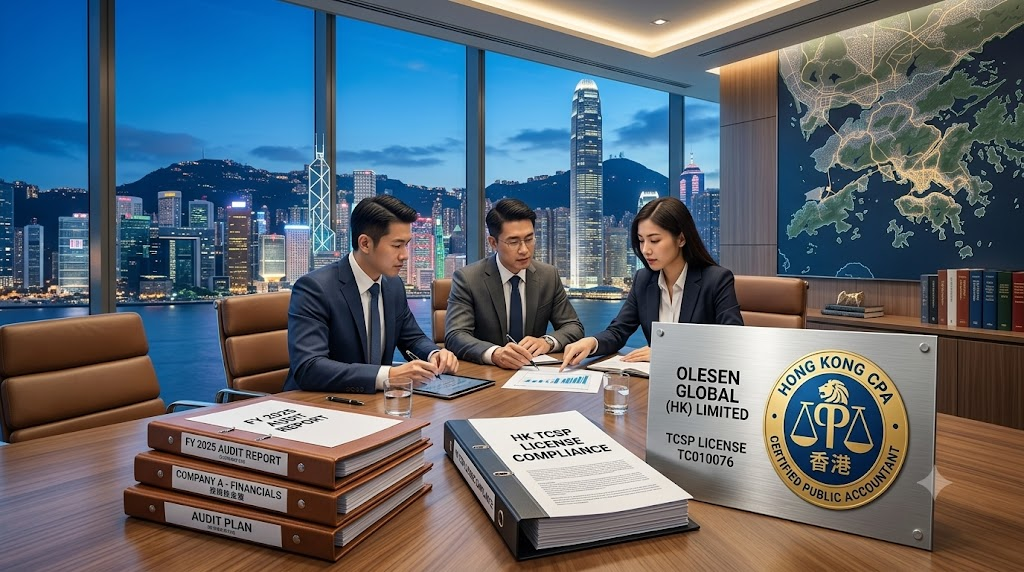 Professional office setting in Hong Kong with audit documents and a CPA logo