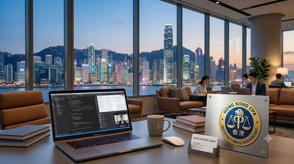 Professional digital nomad working on a laptop with the Hong Kong skyline in the background