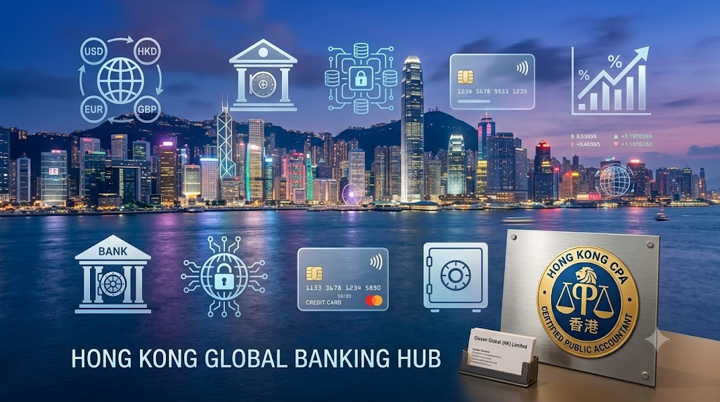 Professional Hong Kong skyline with banking icons