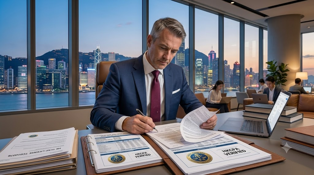 Professional business person reviewing US legal documents in a modern office