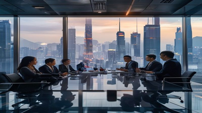 Professional business meeting in a modern Hong Kong office overlooking the skyline