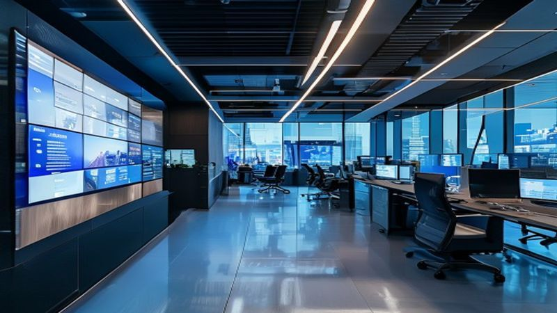 Modern tech office in Shenzhen with digital screens
