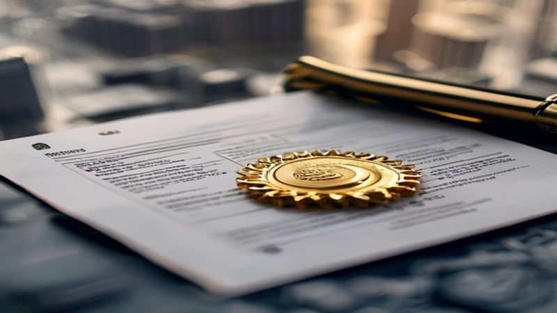 Close up of a business registration certificate with a gold seal