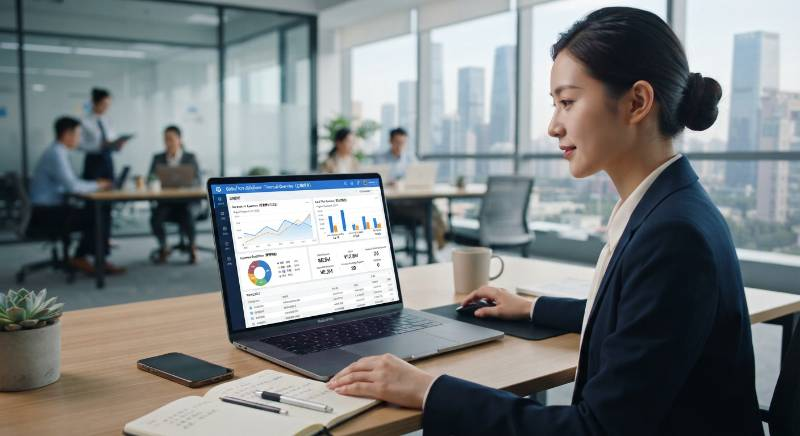 Laptop screen showing cloud accounting dashboard with financial charts