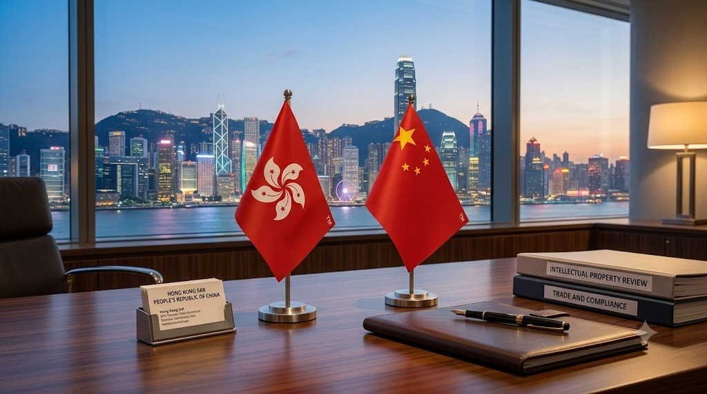 Comparison of Hong Kong and China flags with trademark symbols on a professional desk