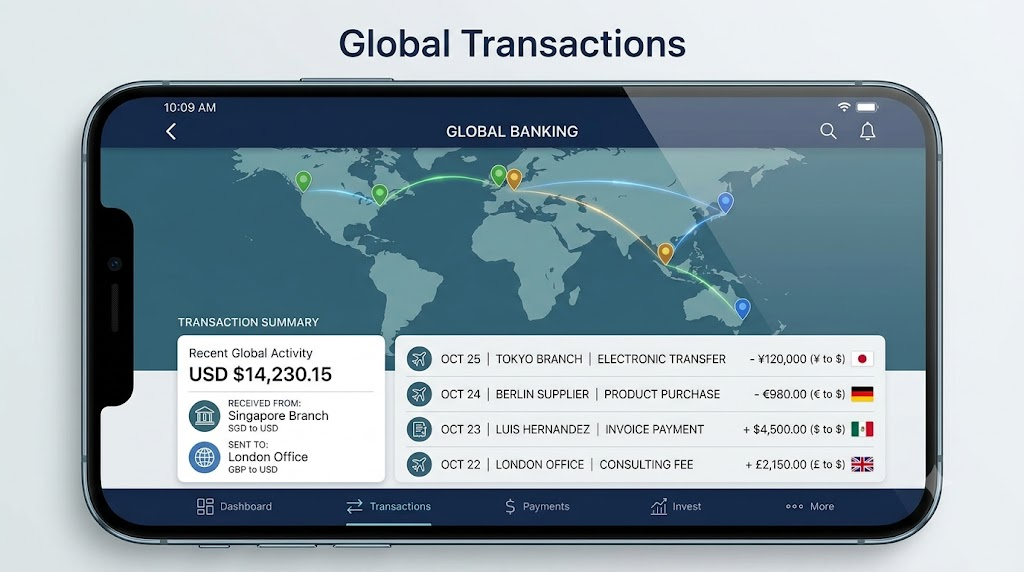 Mobile banking application interface showing global transactions