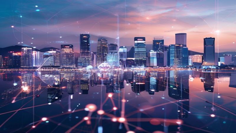 Abstract digital visualization of blockchain and Hong Kong skyline