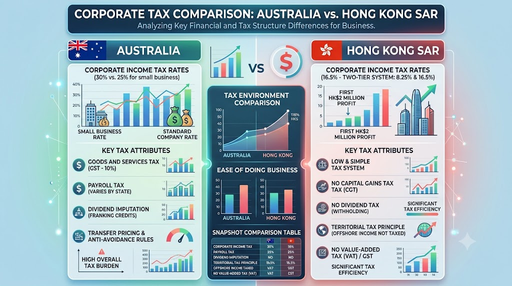  Corporate comparison graphic showing Australia and Hong Kong flags with financial charts representing tax differences