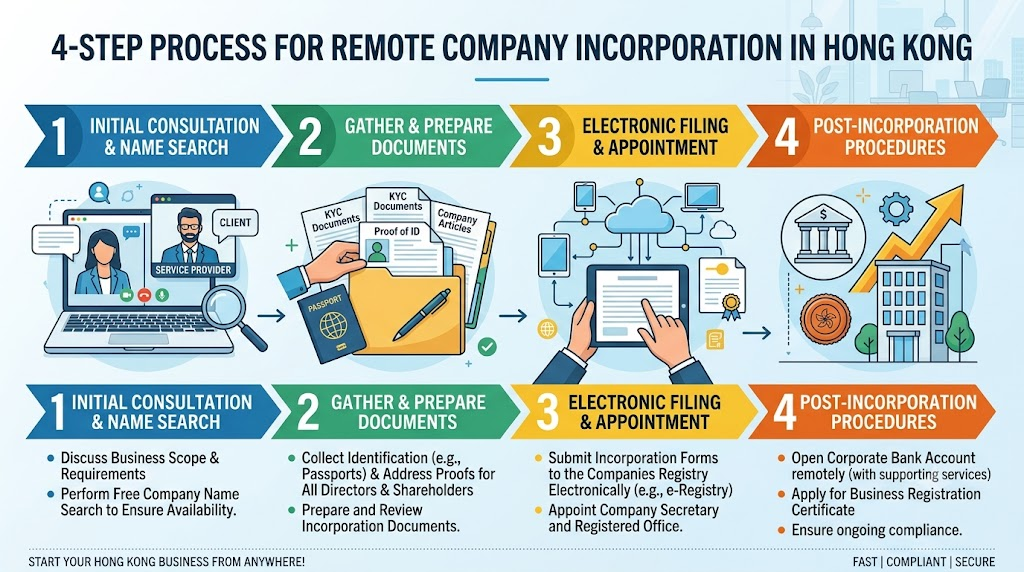 Infographic detailing a 4-step process for remote company incorporation in Hong Kong.