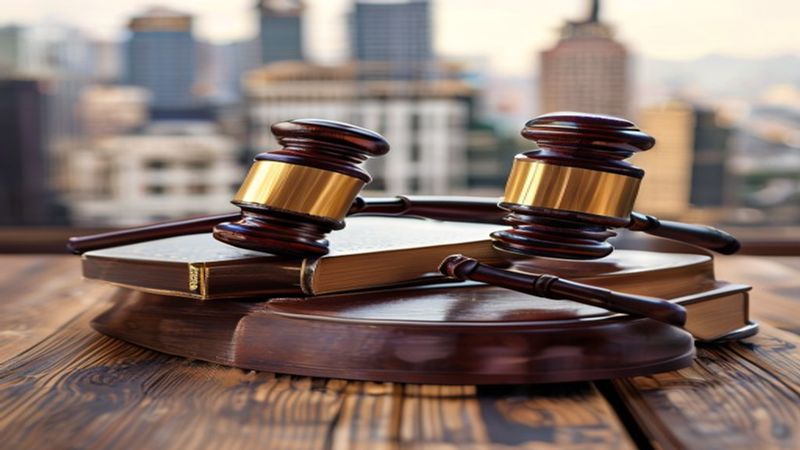Gavel and law books on a wooden table