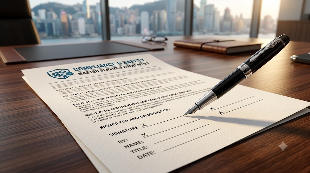  A close-up of a professional business contract with a pen, ready for signing, representing compliance and safety.