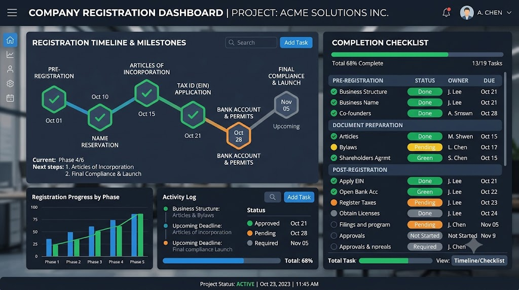 Modern digital dashboard showing company registration timelines and checklist