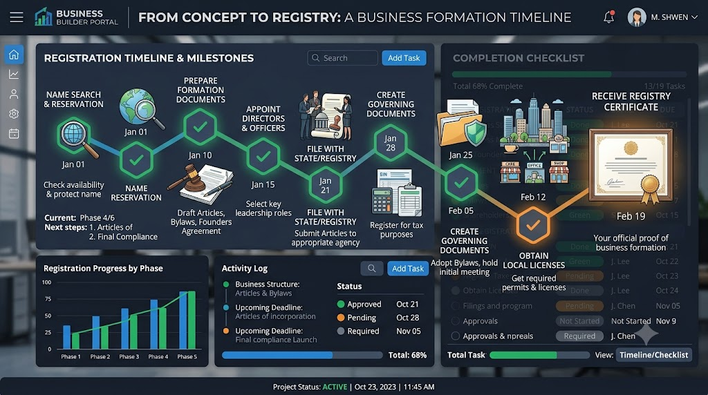 Infographic of business timeline steps from name search to registry certificate