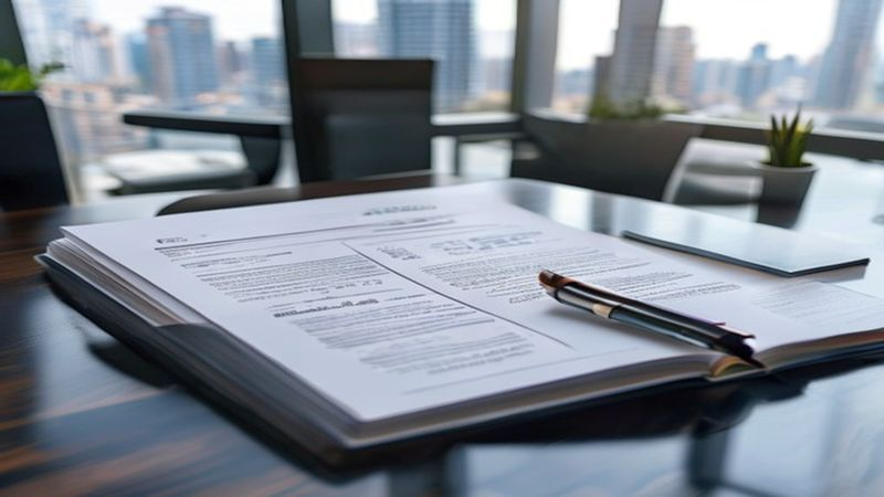 Official business registration documents folder on a modern office desk