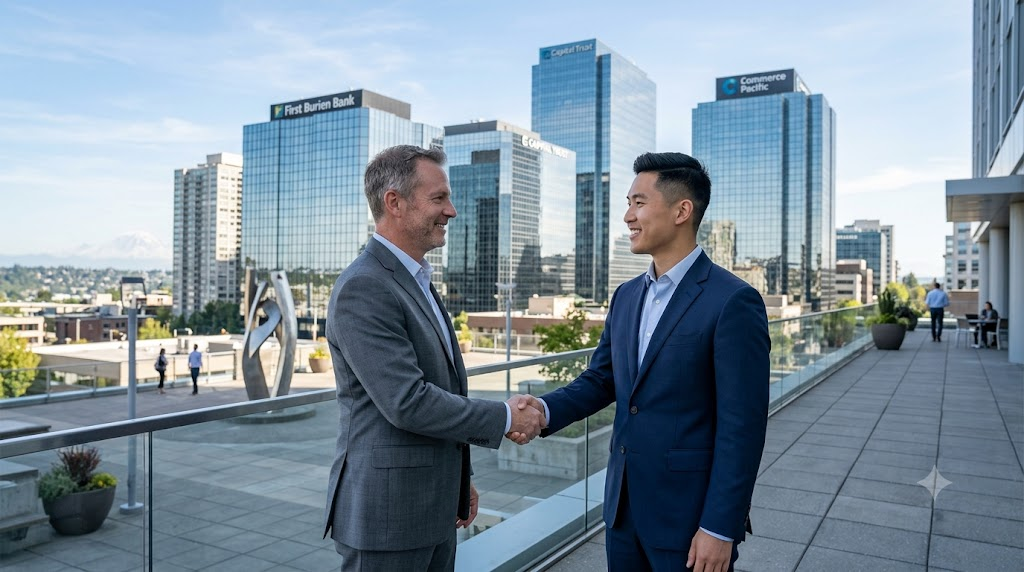 Professional handshake in front of a modern banking district skyline