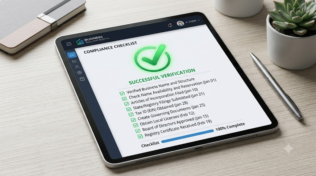 A compliance checklist on a tablet with a green checkmark indicating successful verification