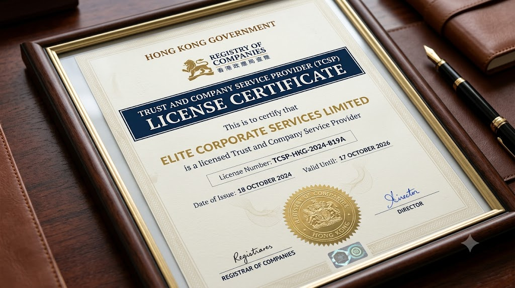 A close-up of a TCSP license certificate with professional branding