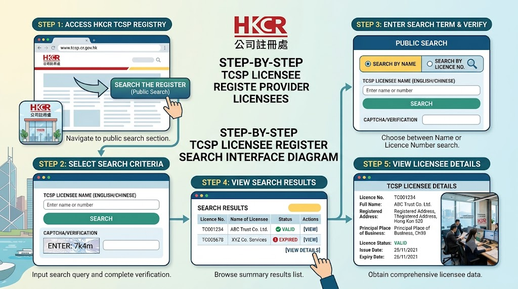 Step-by-step TCSP licensee register search interface diagram
