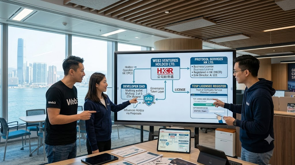 Web3 startup founders analyzing corporate structure flowchart