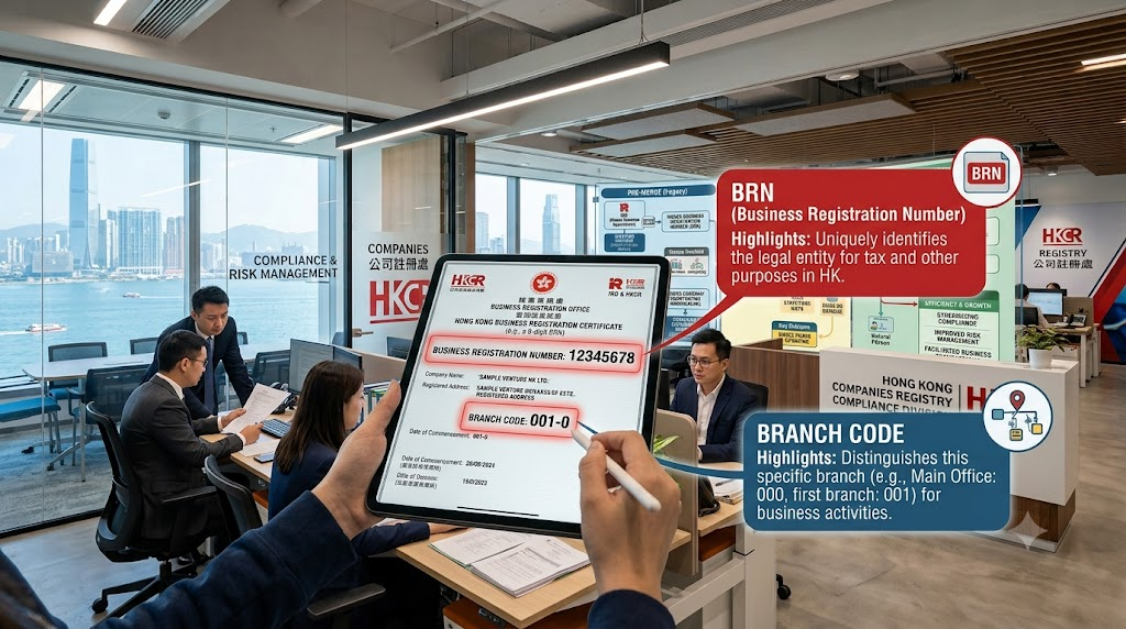 Annotated Business Registration Certificate highlighting the BRN and branch code
