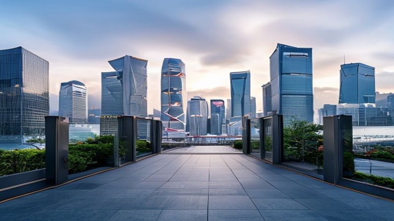 Hong Kong skyline and office building entrance
