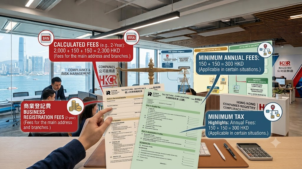Hong Kong tax forms BIR60 and BIR51 on a modern corporate desk