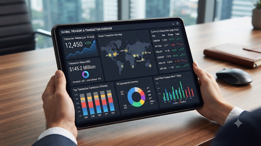 A corporate financial dashboard showing transaction analysis and currency exchange rates on a tablet